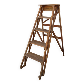 Antique wooden carpenter's stepladder, traces of paint, treated, 110 cm