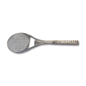 Silver-plated metal bottle opener in the shape of a racket.