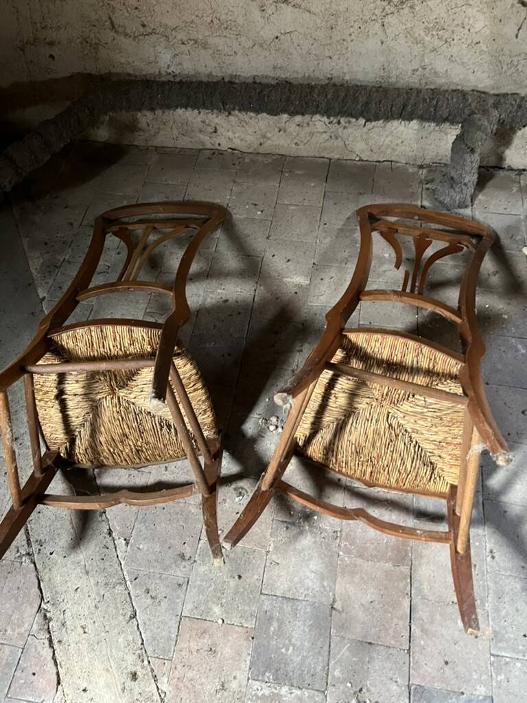 Pair of Vintage Art Nouveau Chairs in Light Wood and Woven Straw Seat