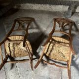 Paire de Chaises Vintage Art Nouveau en Bois Clair et Assise Paille Tressée