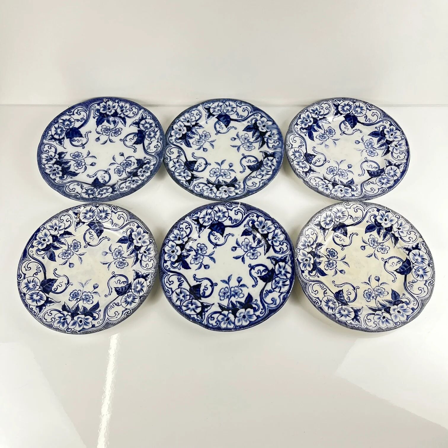 Set of 6 dessert plates in ironstone "Flora" – Creil et Montereau, 19th century, blue