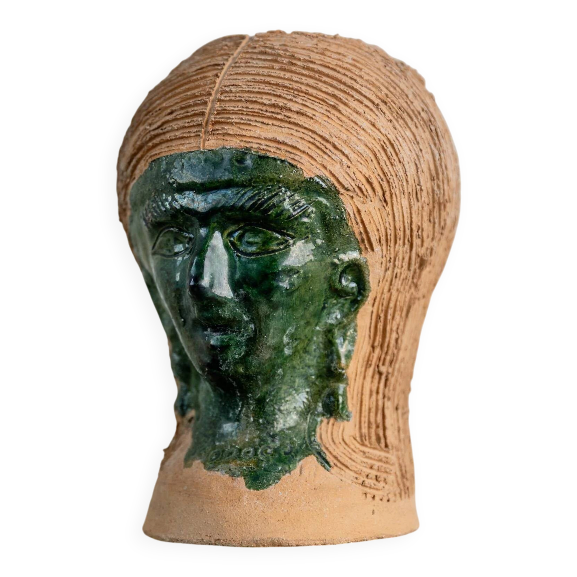 Vintage ceramic vase from the 1980s, sculptural head shape with a green glazed face, terracotta art object.