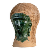 Vintage ceramic vase from the 1980s, sculptural head shape with a green glazed face, terracotta art object.