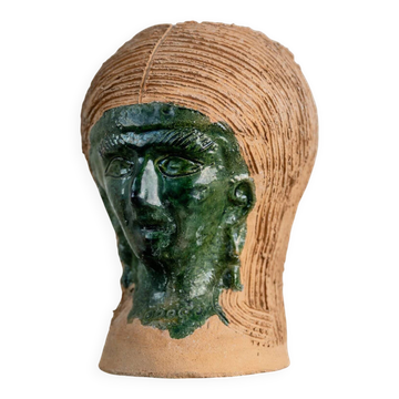 Vintage ceramic vase from the 1980s, sculptural head shape with a green glazed face, terracotta art object.
