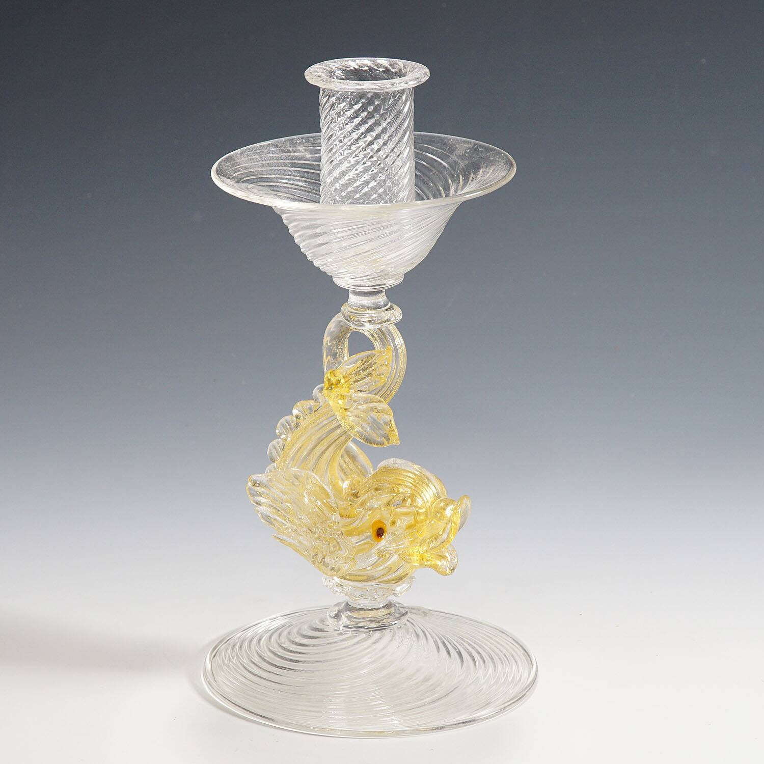 Glass candlestick by Archimede Seguso with dolphin, circa 1960s.