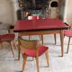 Kitchen table and its 4 chairs in wood and red formica, 1950