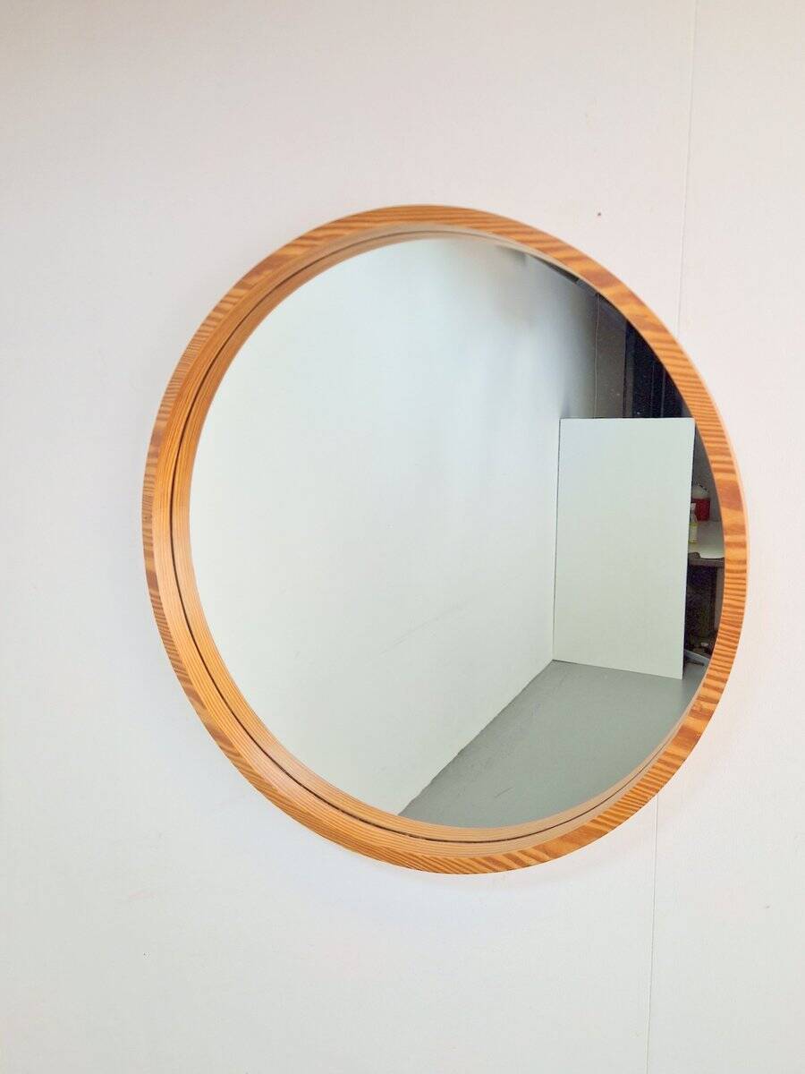 Large Mid-Century Round Pine Mirror, Denmark, 1960s