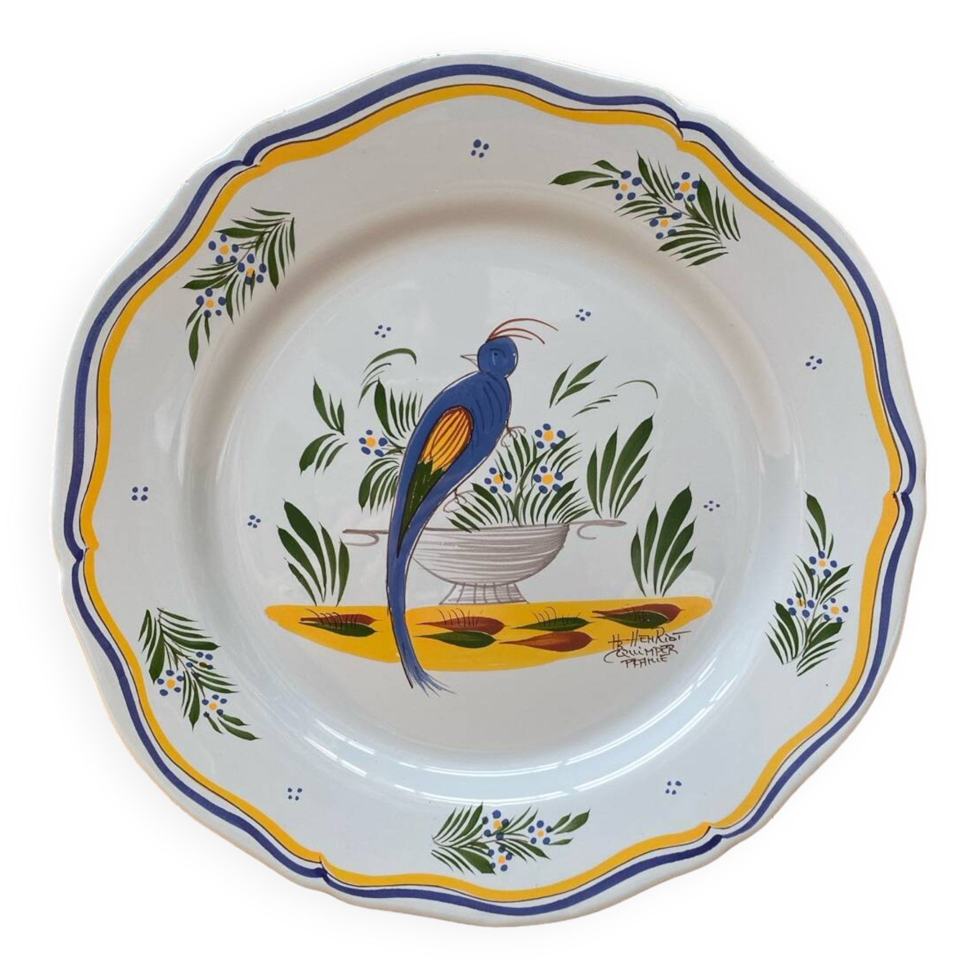 Old quimper henriot ceramic plate vintage bird decor #b190