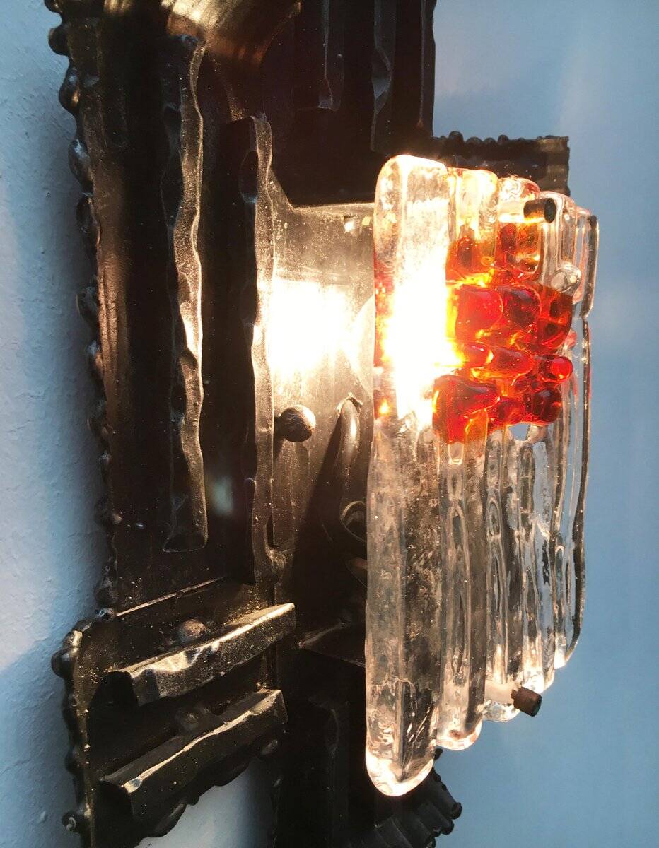 Vintage Italian brutalist wrought iron wall lamp by Albano Poli for Poliarte, set of 4.