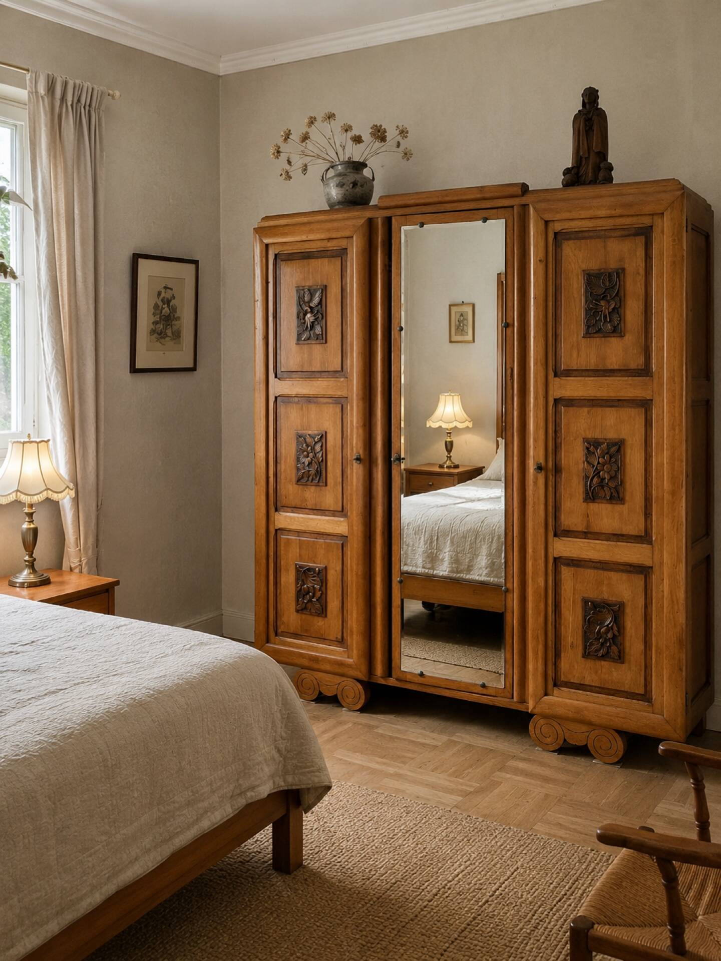 Armoire en bois art déco sculpture et moulures fleuries