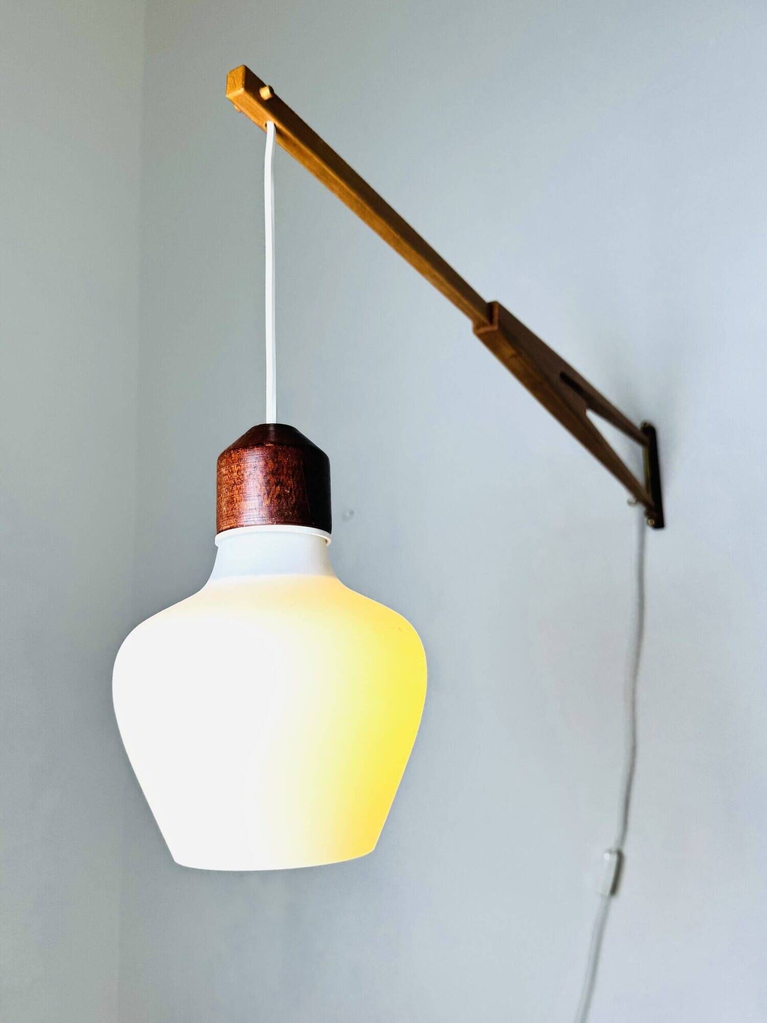 Large Extendable Swivel-Arm Wall Lamp In Wood And Opal Glass, Sweden 1950S