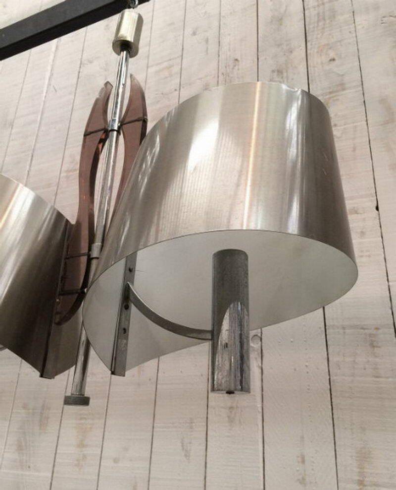Brushed metal and plexiglass pendant light. French design by Maison Charles.