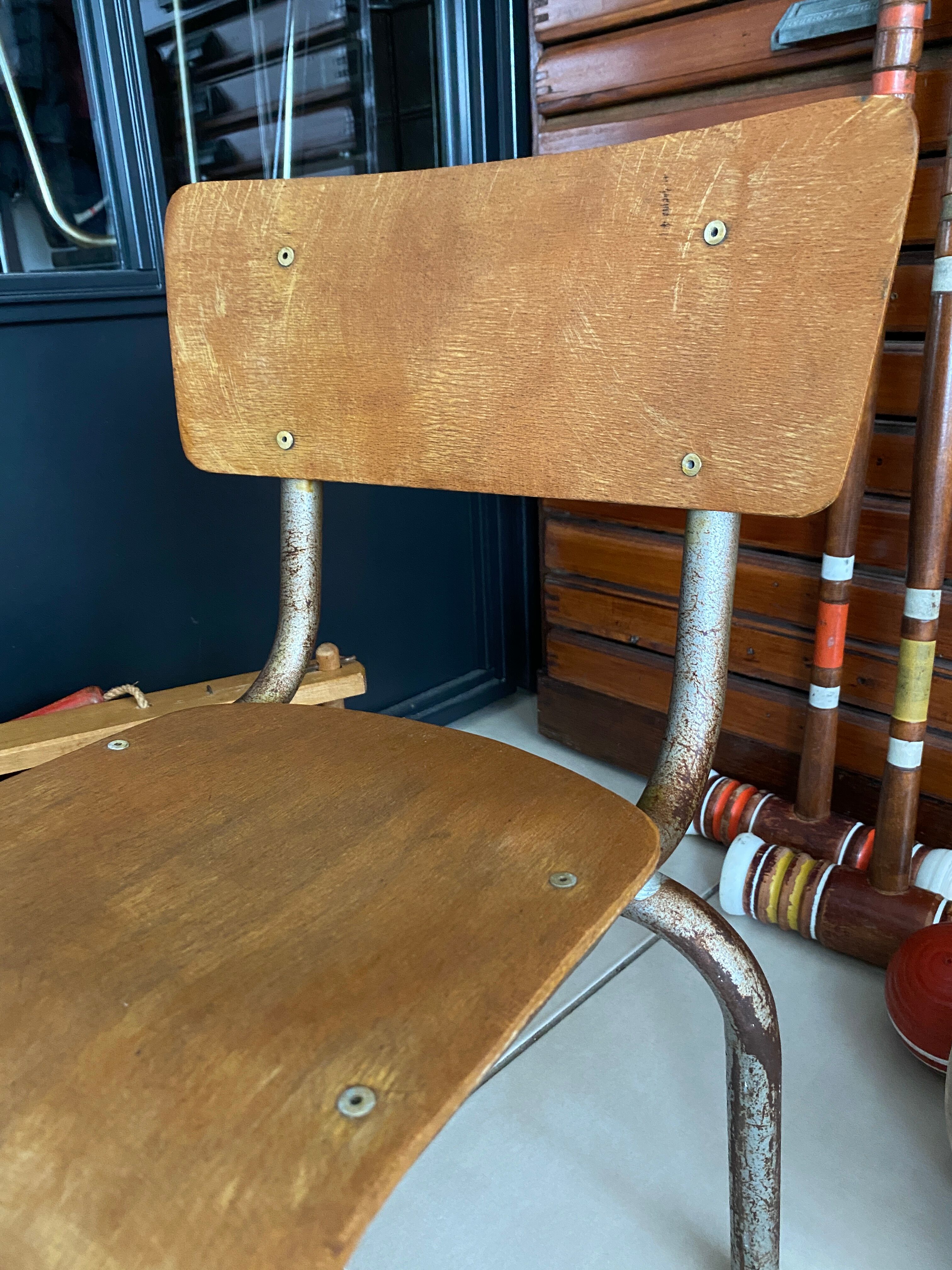 Old children's school chair wood and metal