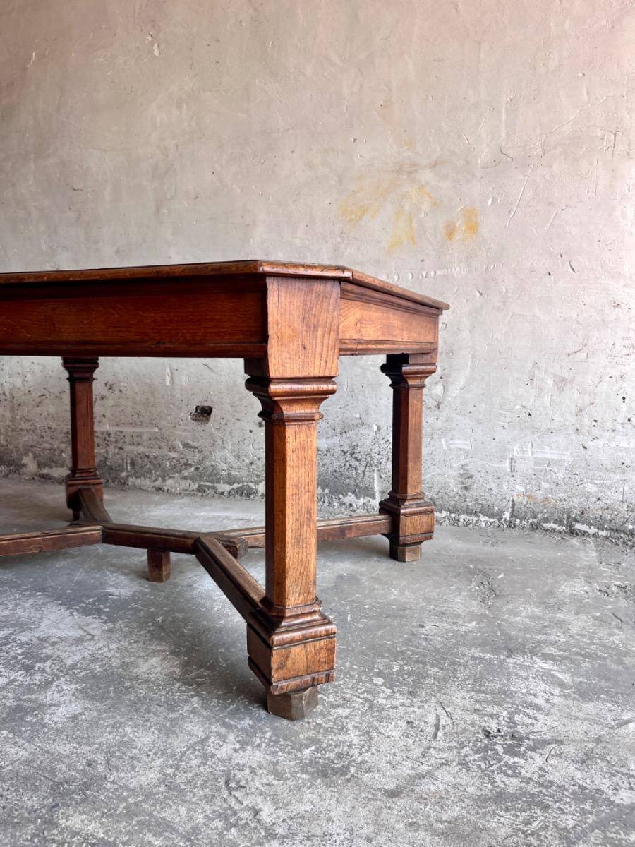 Dark brown solid wood French neo-renaissance square dining table with cross base