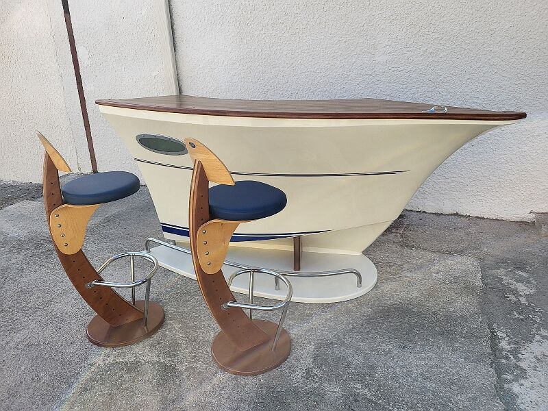 Bar or shop counter and 2 deck lina stools polyester boat hull