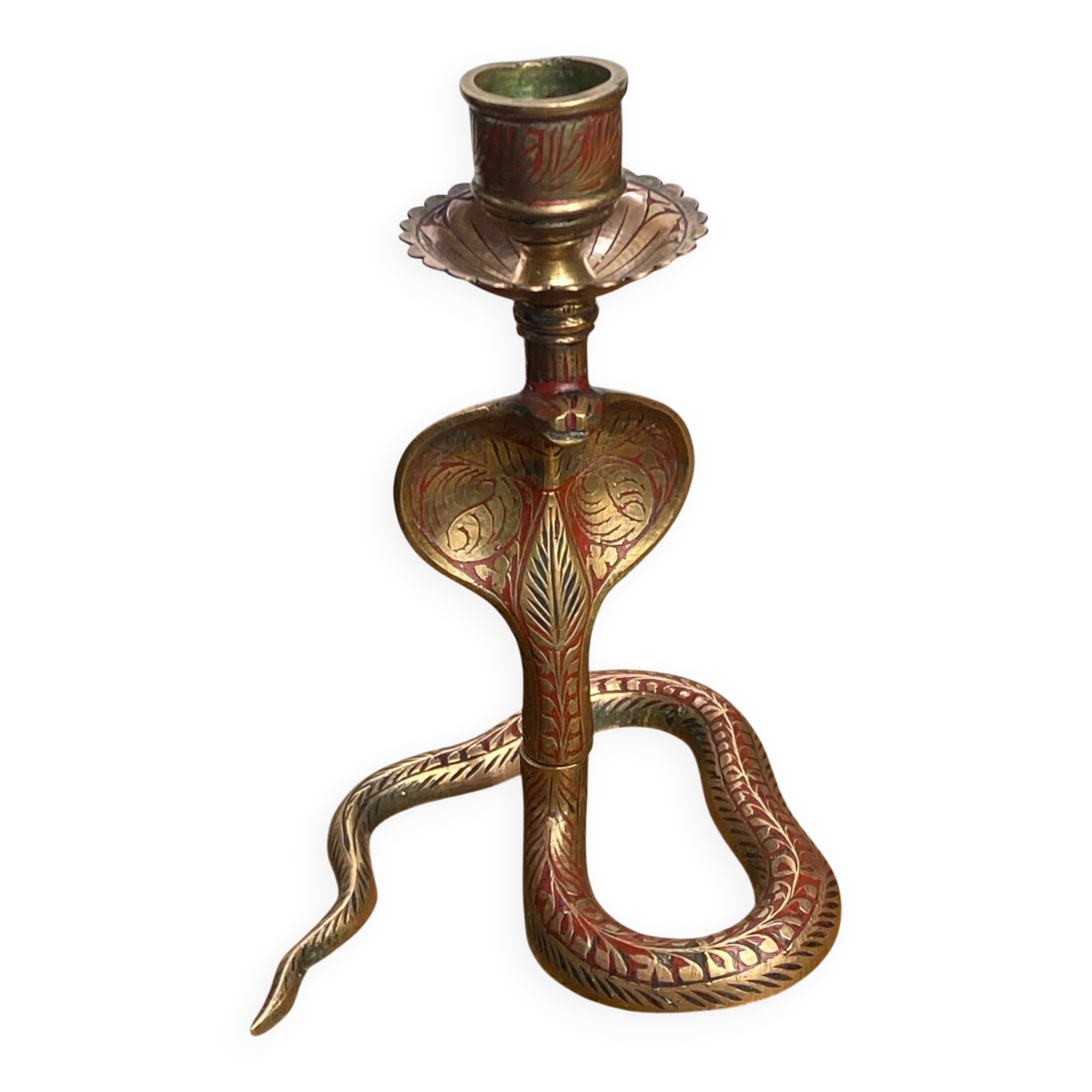 Chiseled brass cobra candlestick