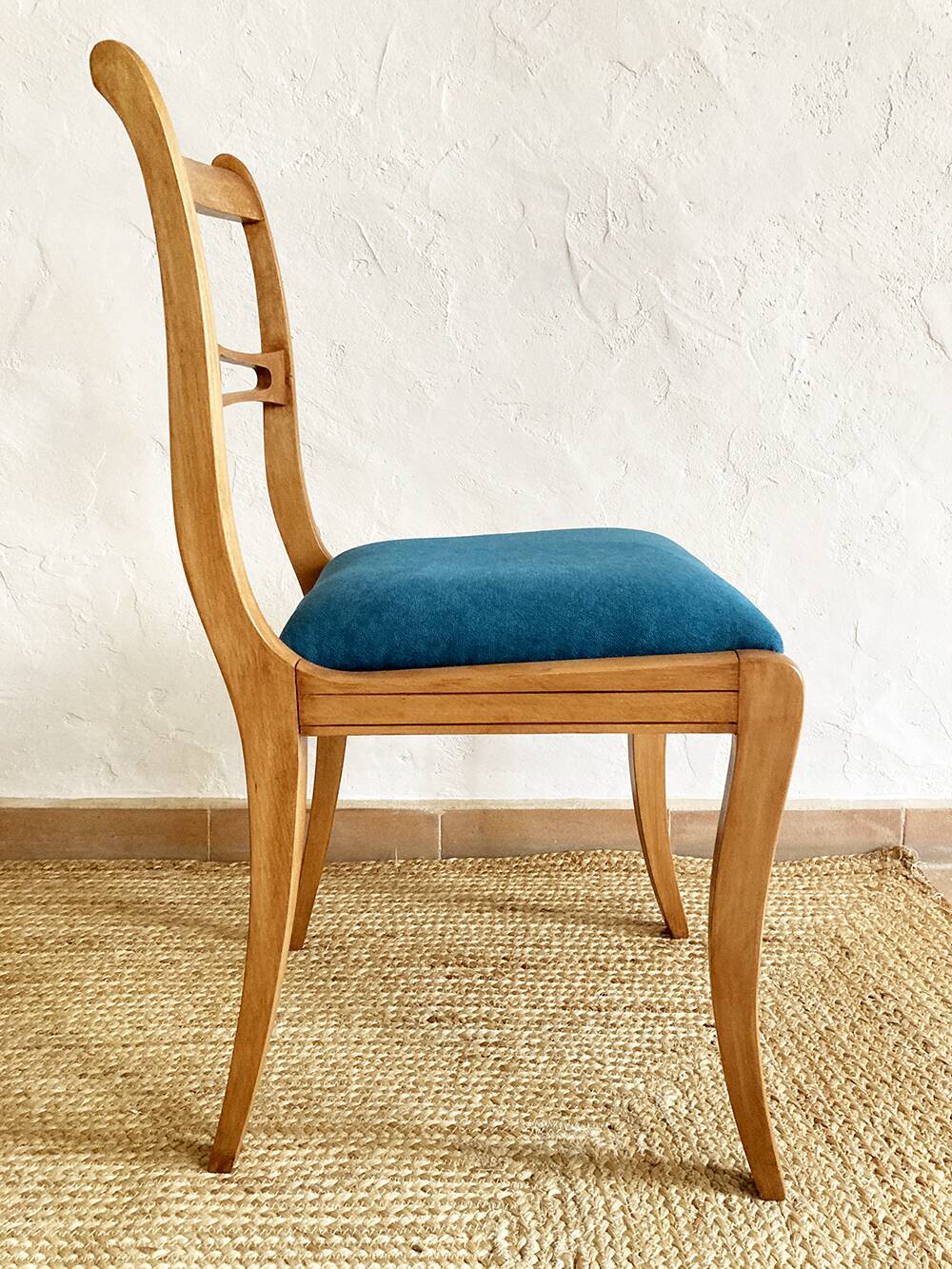 Beech wood chairs, sabre legs and upholstered seat, 1960s-1970s