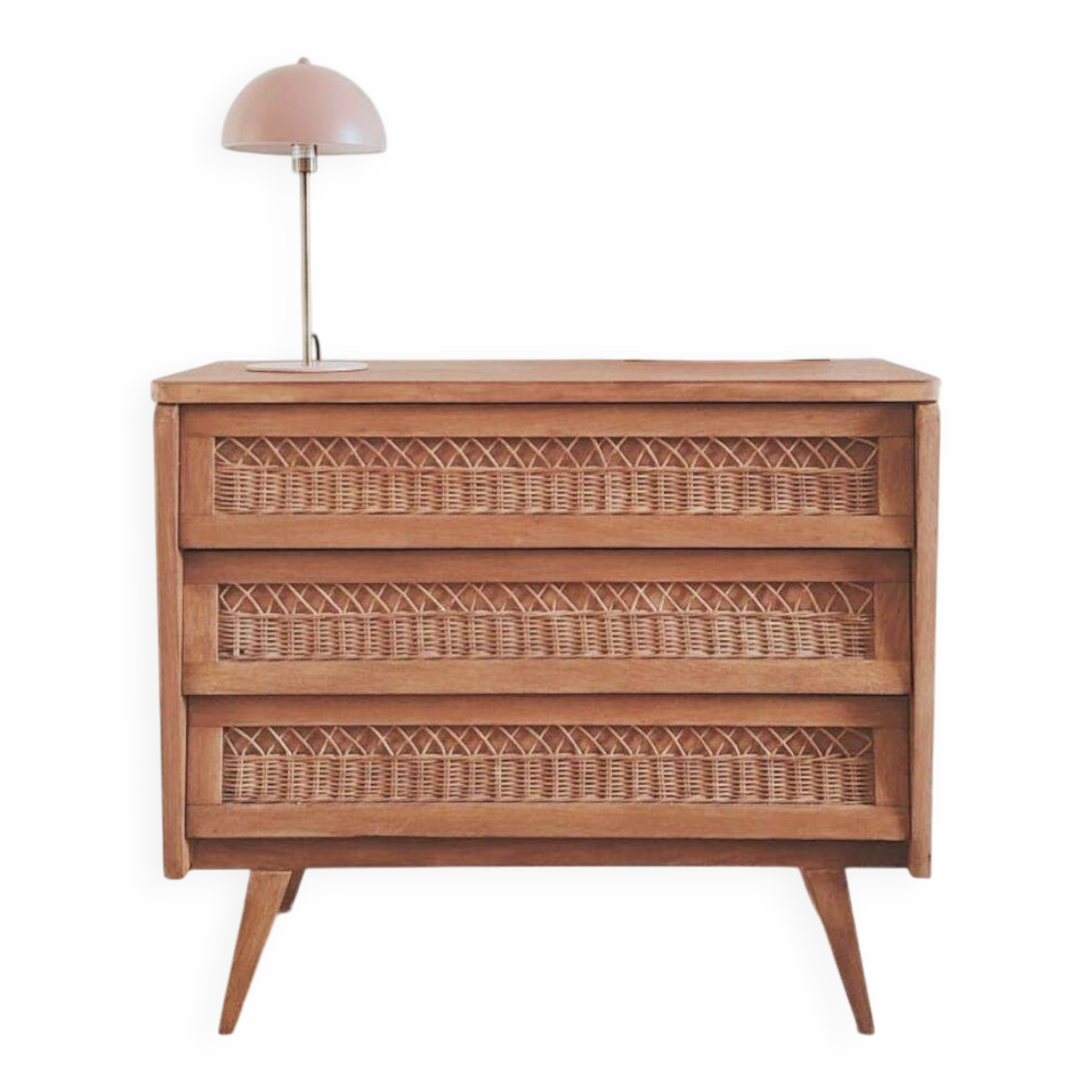Renovated vintage chest of drawers, 1960s, made of wood and rattan.
