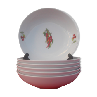 6 assiettes creuses porcelaine décor piments du Pays Basque avec cerises