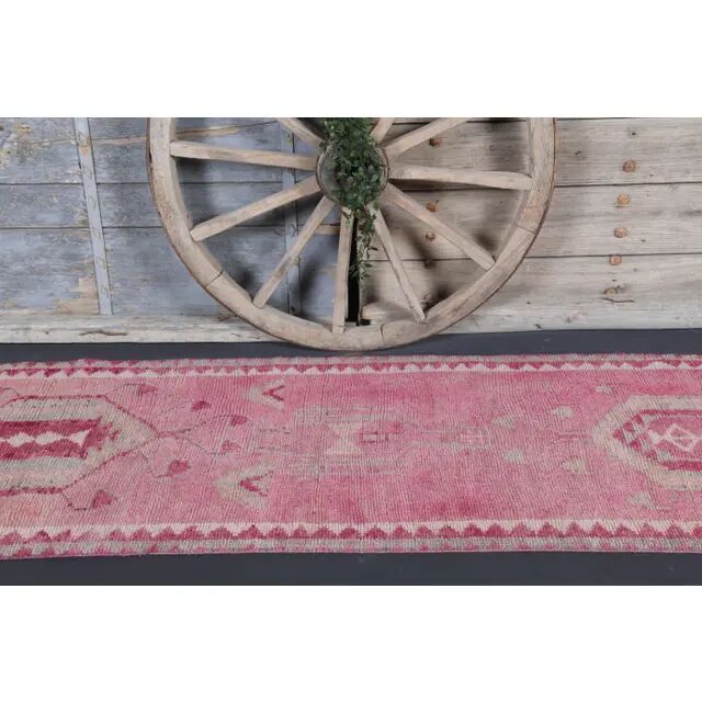 Vintage Turkish Oushak Handmade Wool Cotton Pink Runner Rug 90x312