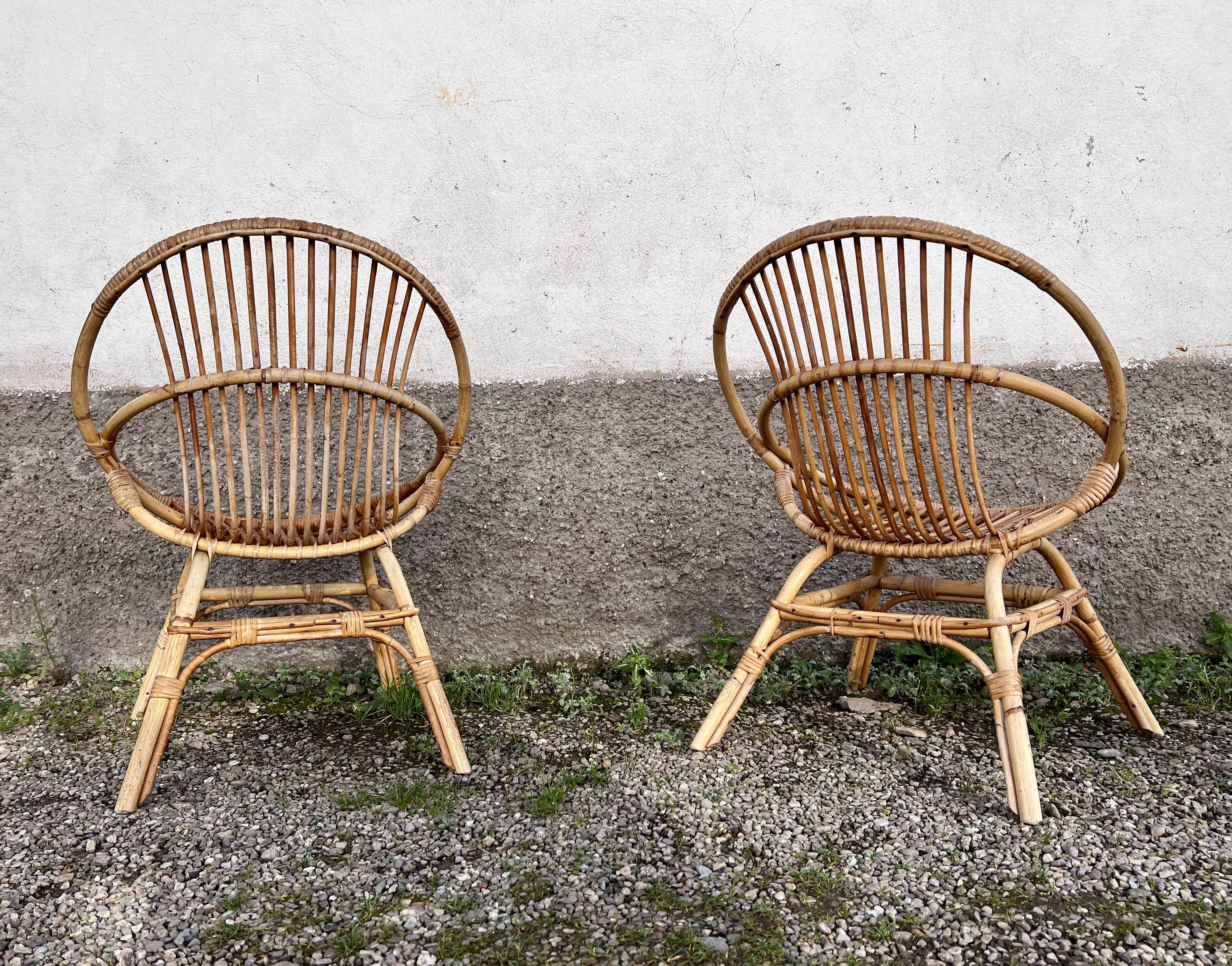 Paire de chaise loveuse fauteuil en rotin bambou 1950
