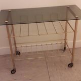 Side table for record player in smoked glass and gold metal 70's