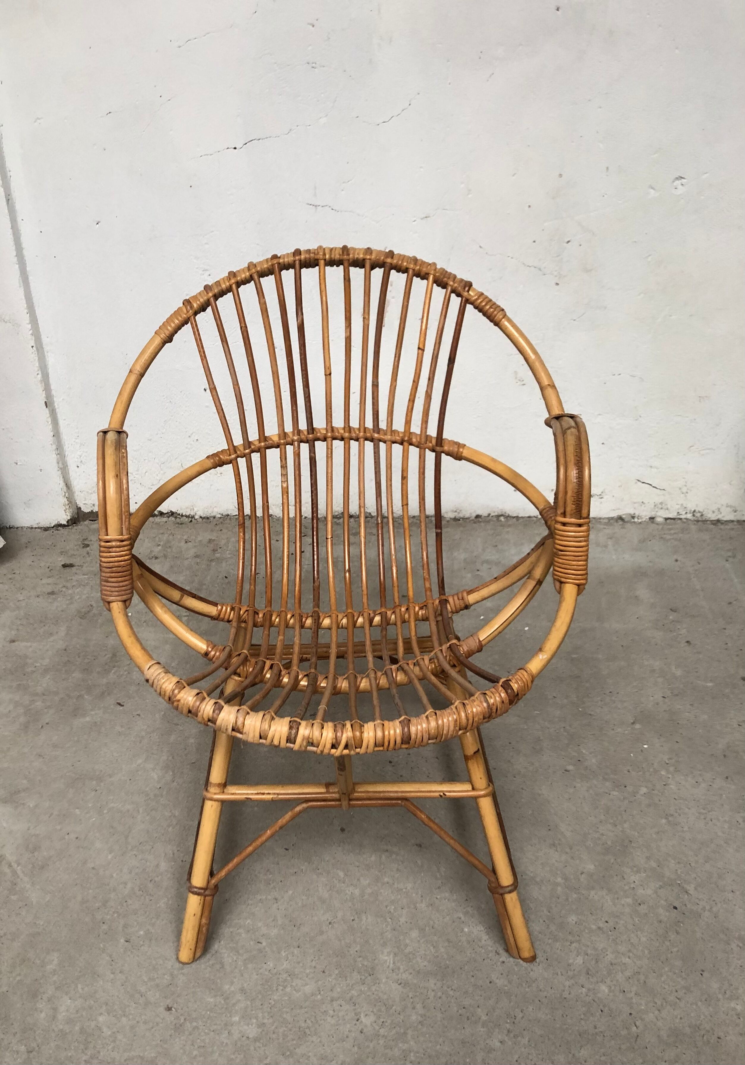 Vintage 70s rattan bamboo wicker shell armchair