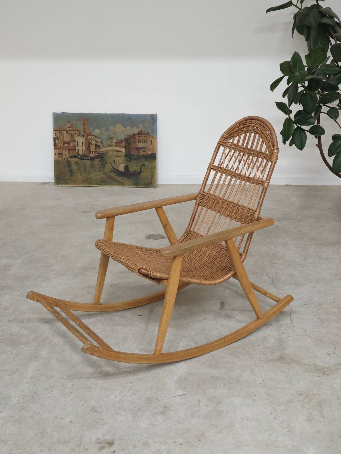 Rocking chair made of wood and wicker by ULUV from Czechoslovakia 1970