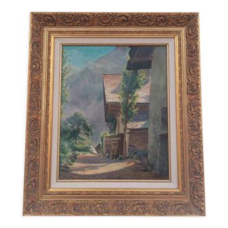 Huile sur toile Une rue à Venosc, Isère 1906, Ernest Victor Hareux (1847-1909)