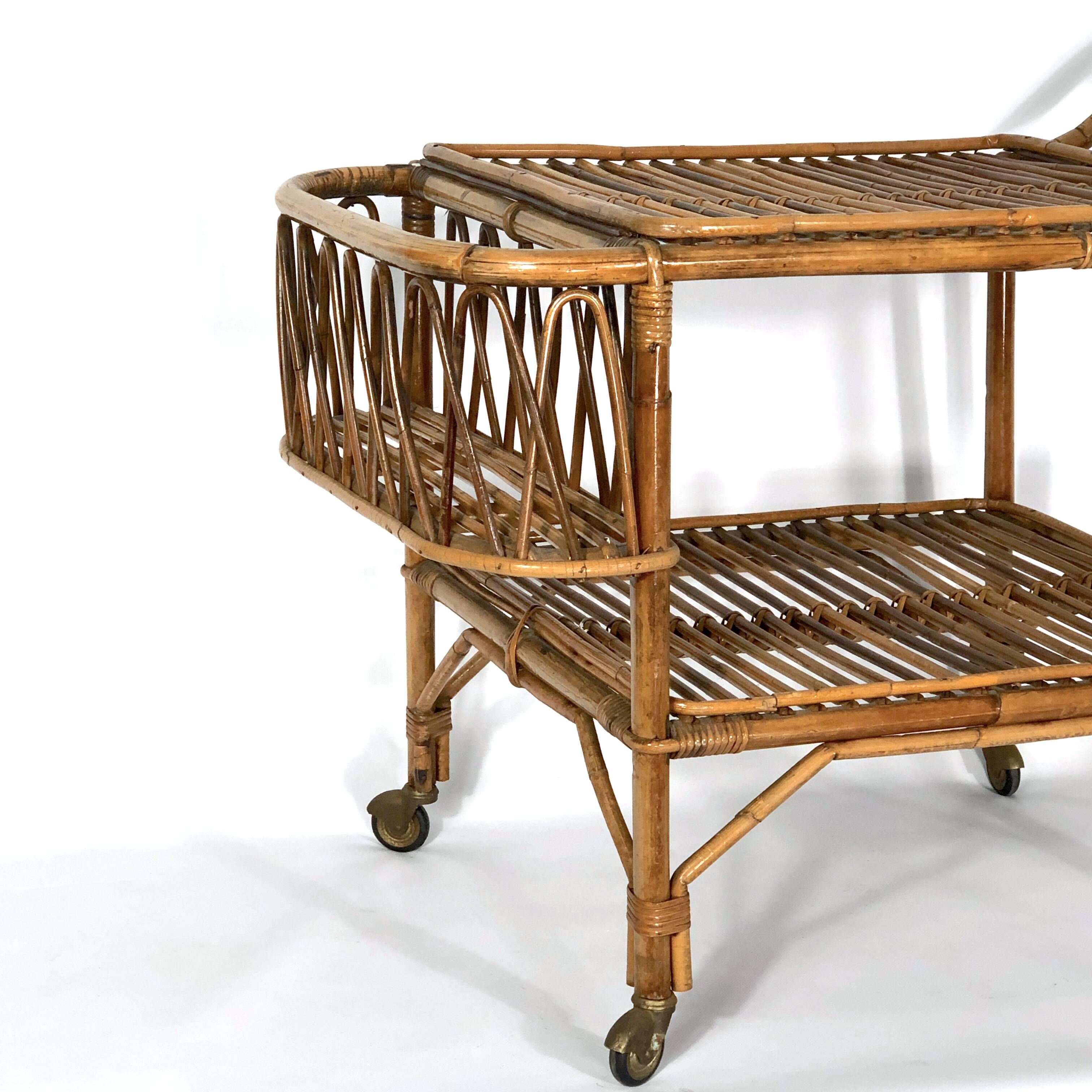 Vintage bamboo bar trolley from 50s. Made in Italy