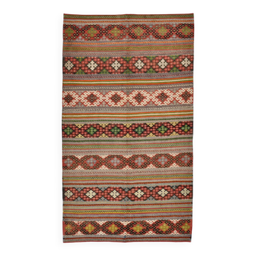 5x10 Brick Red & Green Handmade Kilim Rug, Striped Pattern Vintage Carpet