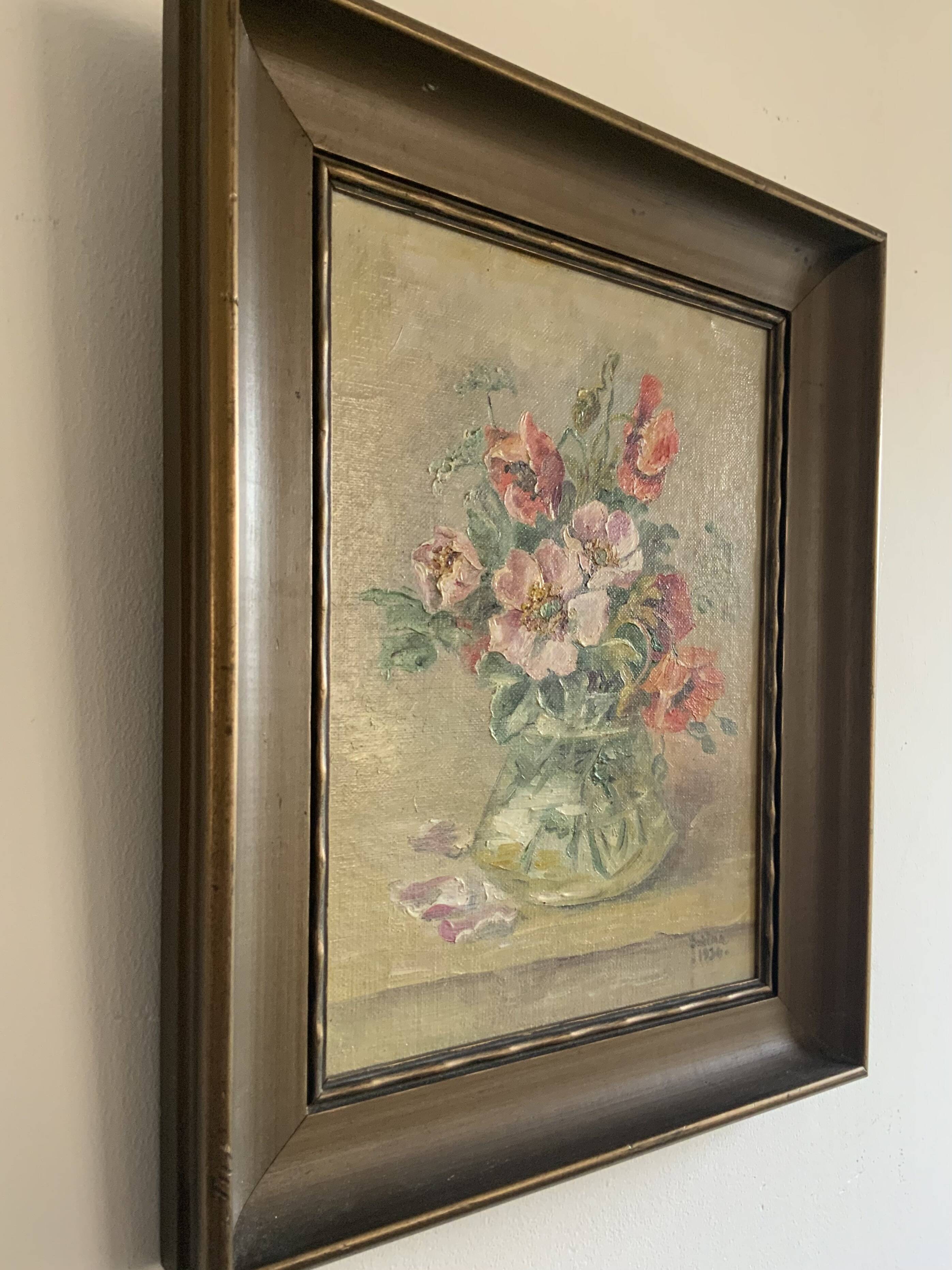 Antique oil painting still life with flowers 1936, signed