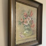 Peinture à l'huile ancienne nature morte aux fleurs 1936, signée