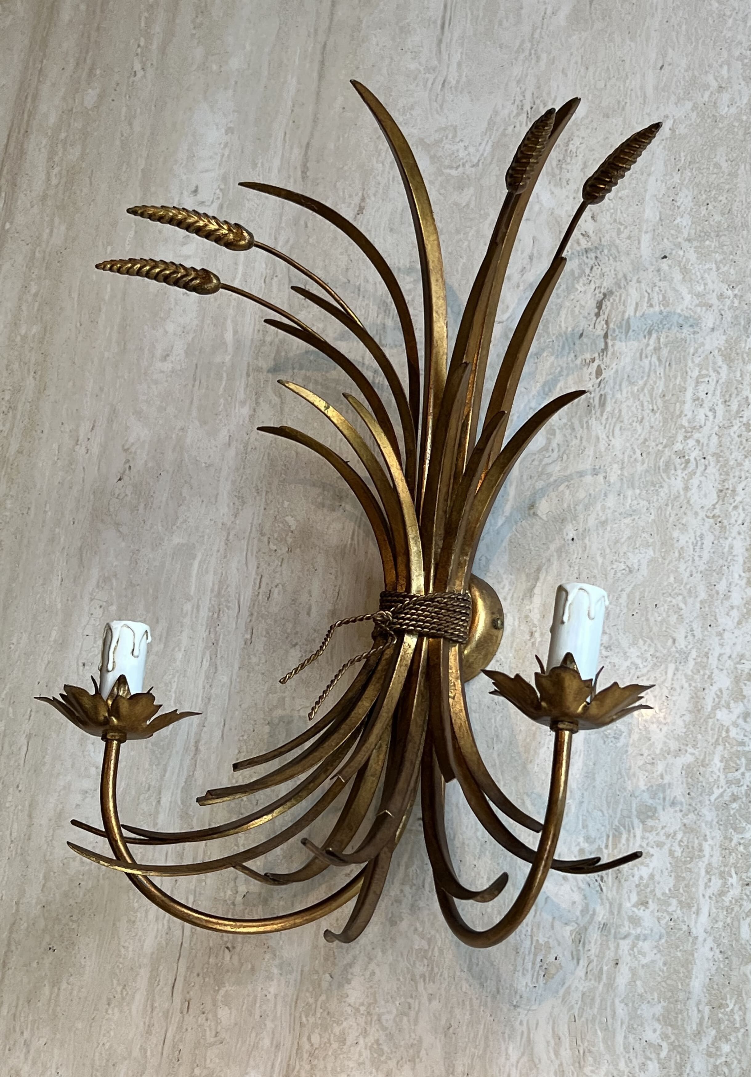Pair of Golden Metal Wall Lights with Wheat Sheaf Decoration, Circa 1970