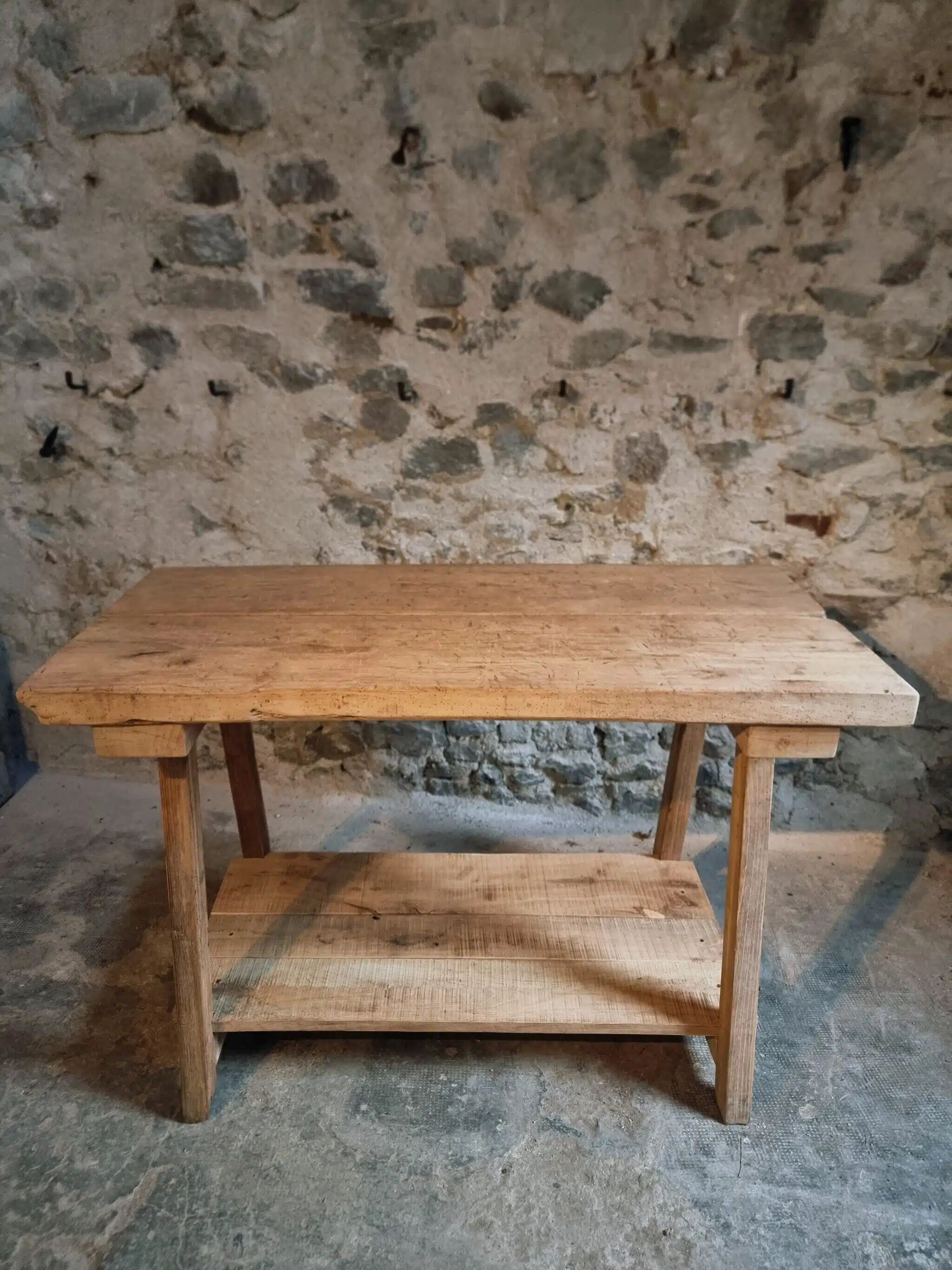 Old French work table / kitchen island / console, beech and chestnut, circa 1930–1950