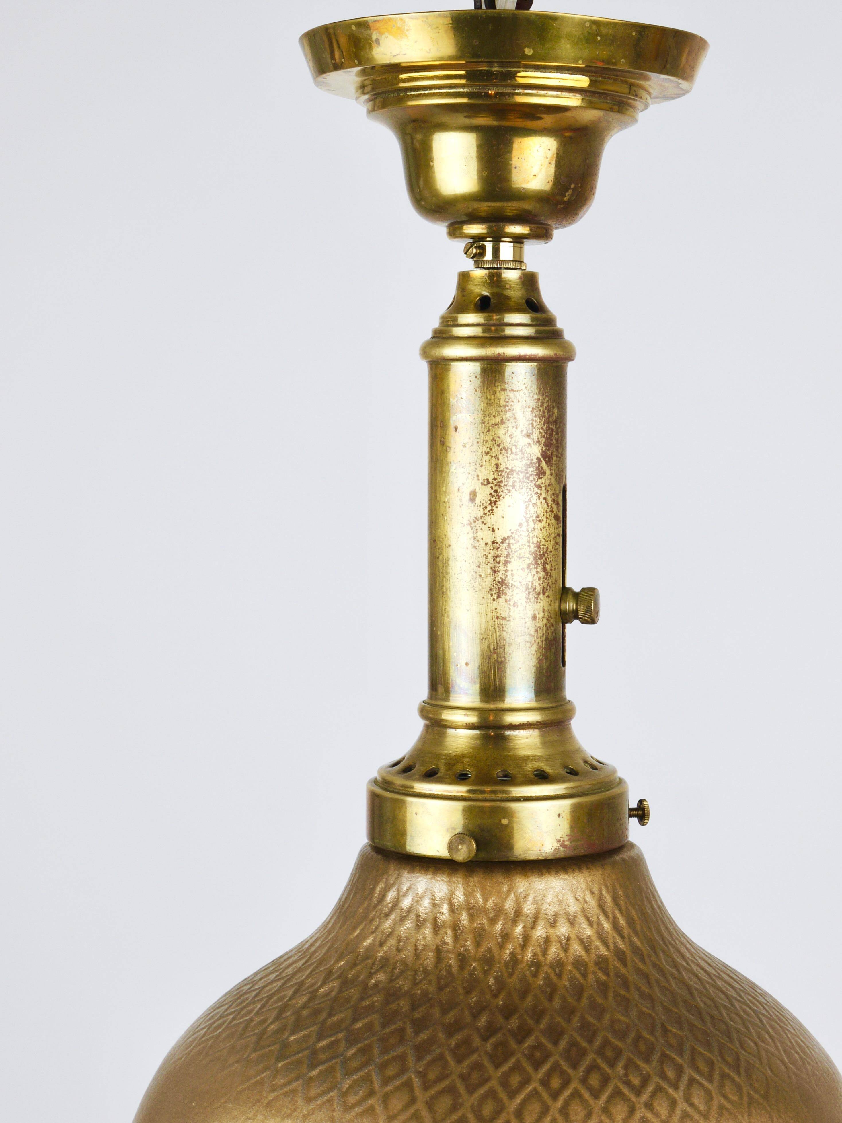 Art Nouveau pendant lamp in brass and glass from the 1920s, ceiling light, Jena, Germany.