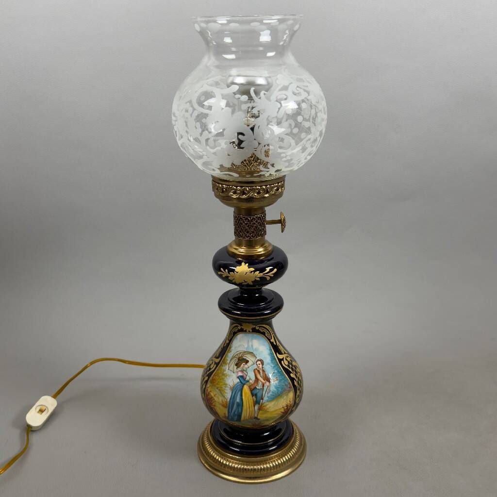 Antique French porcelain table lamp, brass and satin glass, 20th century.