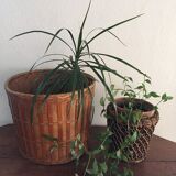 Two pot covers in Wicker, rope and wood.