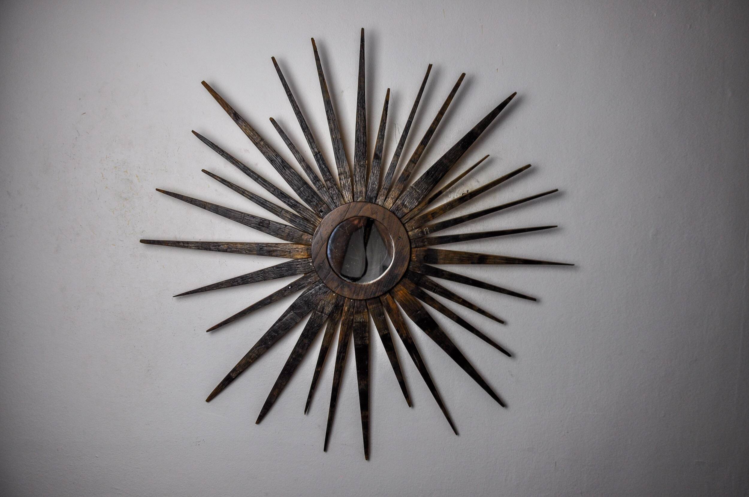 XL wooden sun mirror, France, 1960, 80 cm