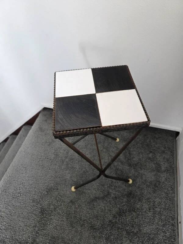 Vintage art deco table in wrought iron and black and white ceramic