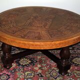 Circular coffee table with tooled leather top by Angel Pazmino for Muebles de Estilo, Ecuador 1970s