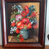 Tableau Vintage Poppies – Oil on Canvas signed EMY, 1980