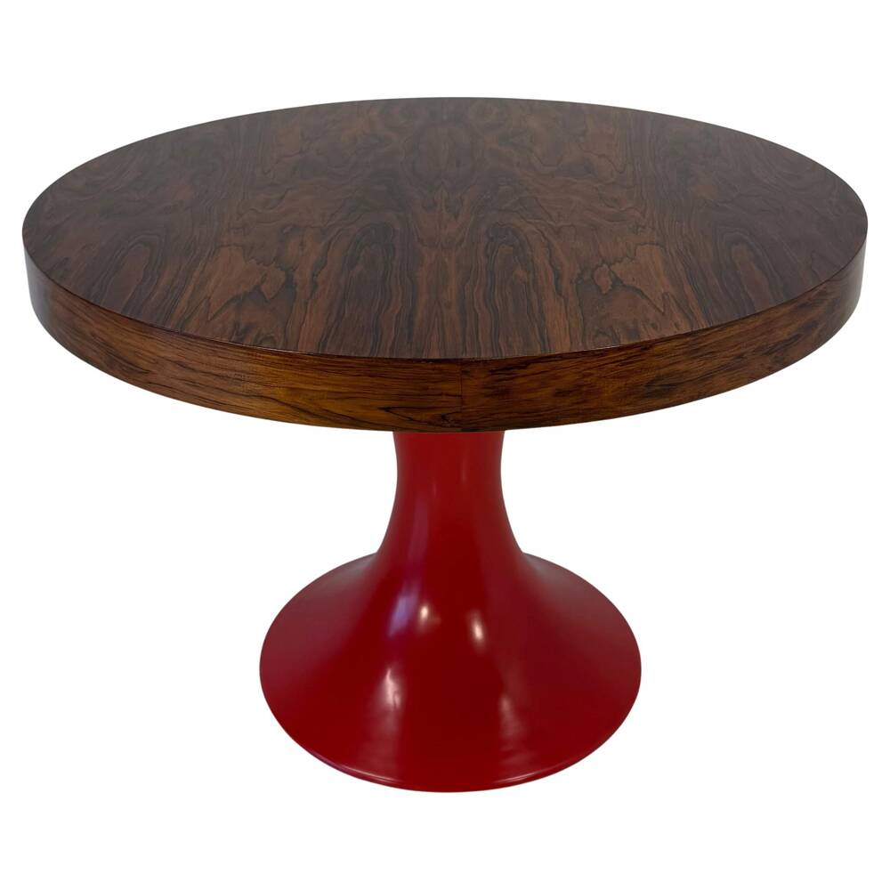 Italian Art Deco Round Table in Ziricote Wood with Red Lacquered Base, 1950