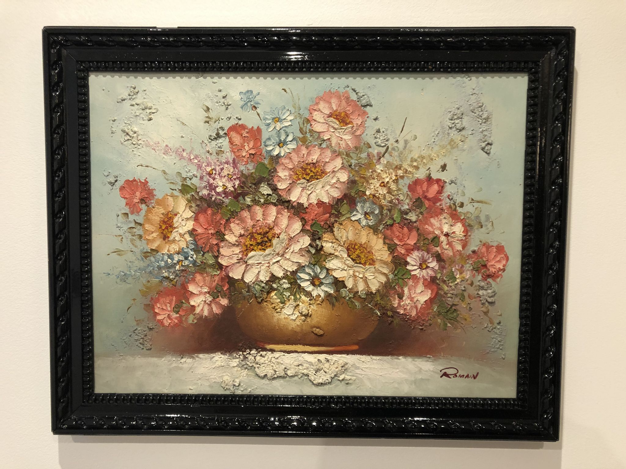 Ancient painting signed romain of a bouquet of flowers in a vase