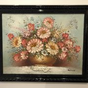 Ancient painting signed romain of a bouquet of flowers in a vase