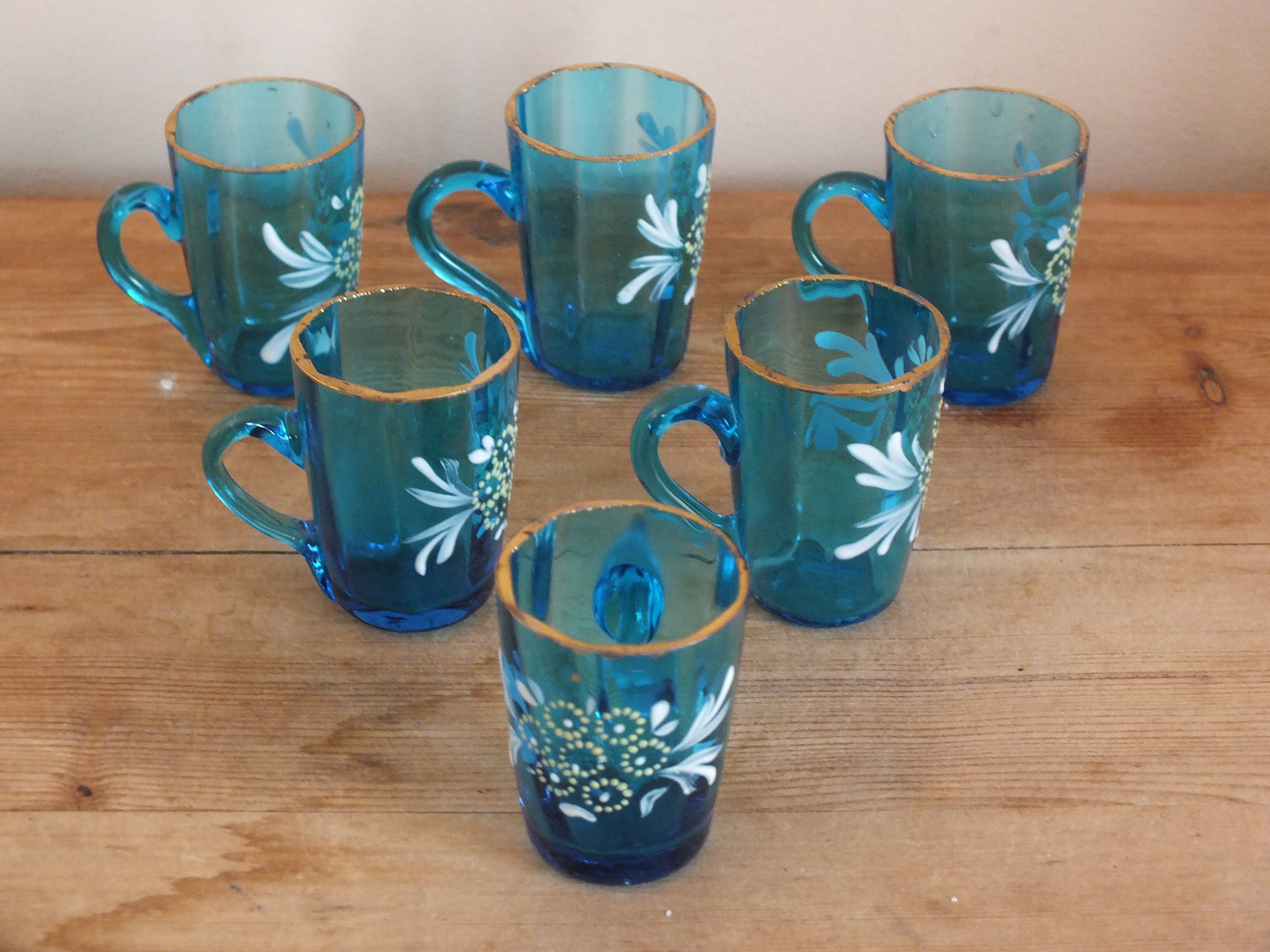 6 antique liquor cups in blue enamelled glass