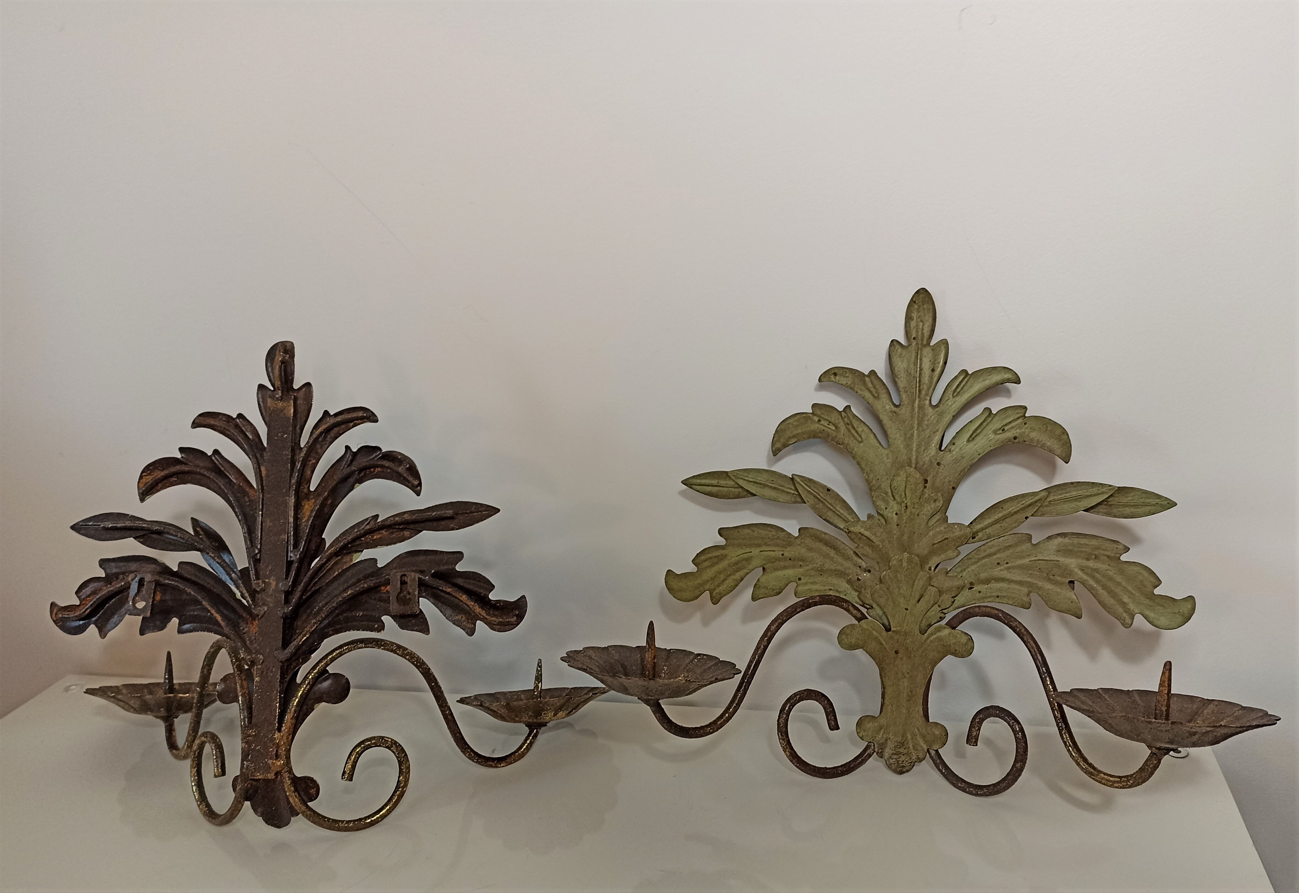 Pair of vintage wall lights candlesticks in gold metal and green patina