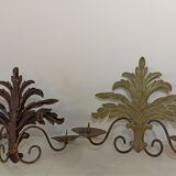 Pair of vintage wall lights candlesticks in gold metal and green patina