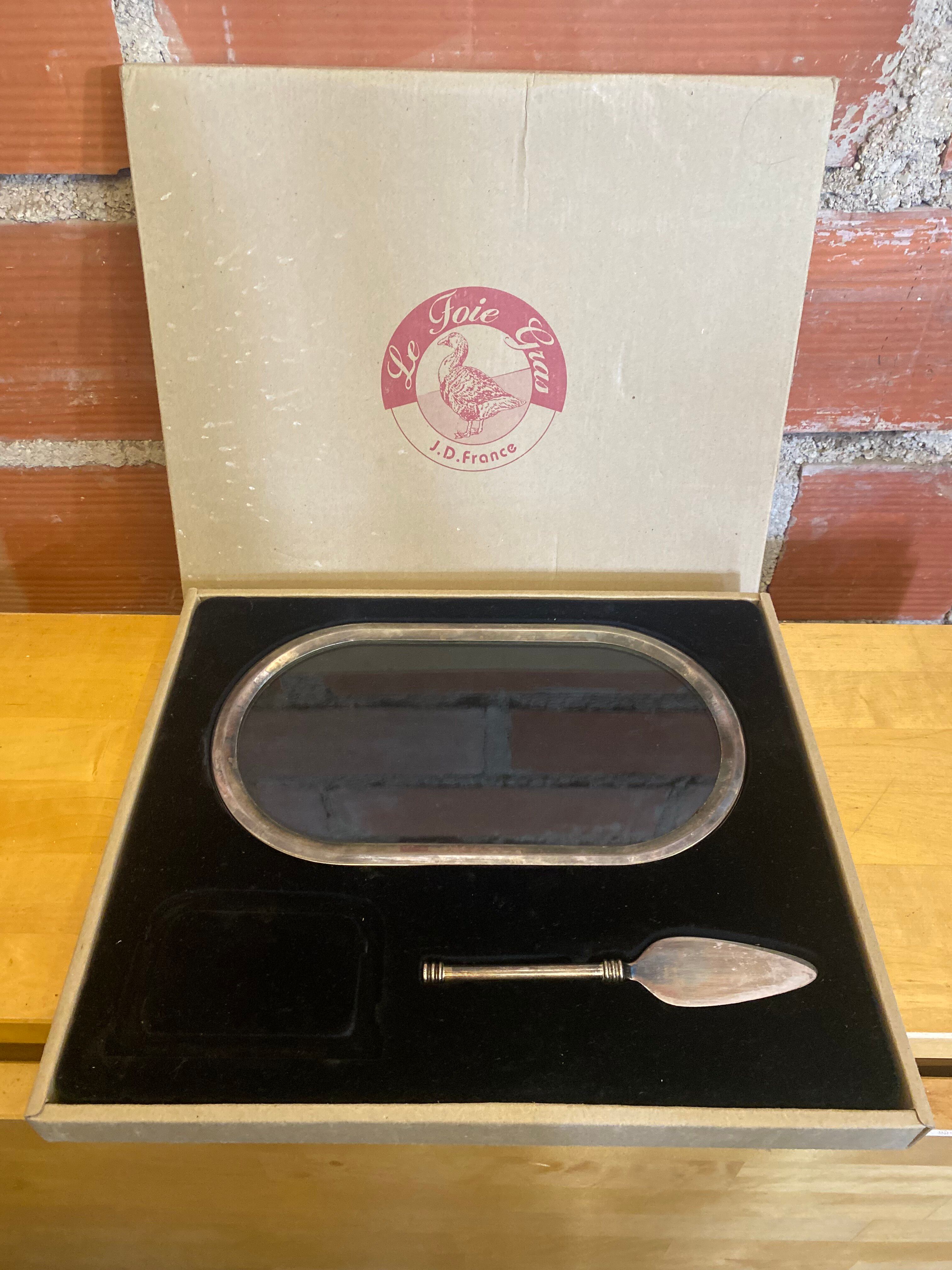 Foie gras service jd france platter + silver metal spatula + vintage glass