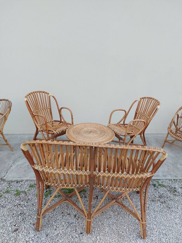 Banquette table et deux fauteuils en rotin 1950 vintage